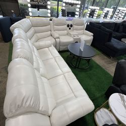 White Recliner Sectional With Bluetooth Speaker And LED 