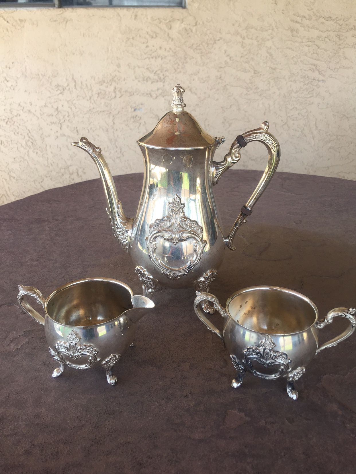 Silver Plated Tea Kettle Creamer and Sugar Bowl