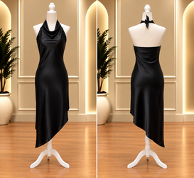 Black  Satin Midi Dress features a classic black satin-like finish