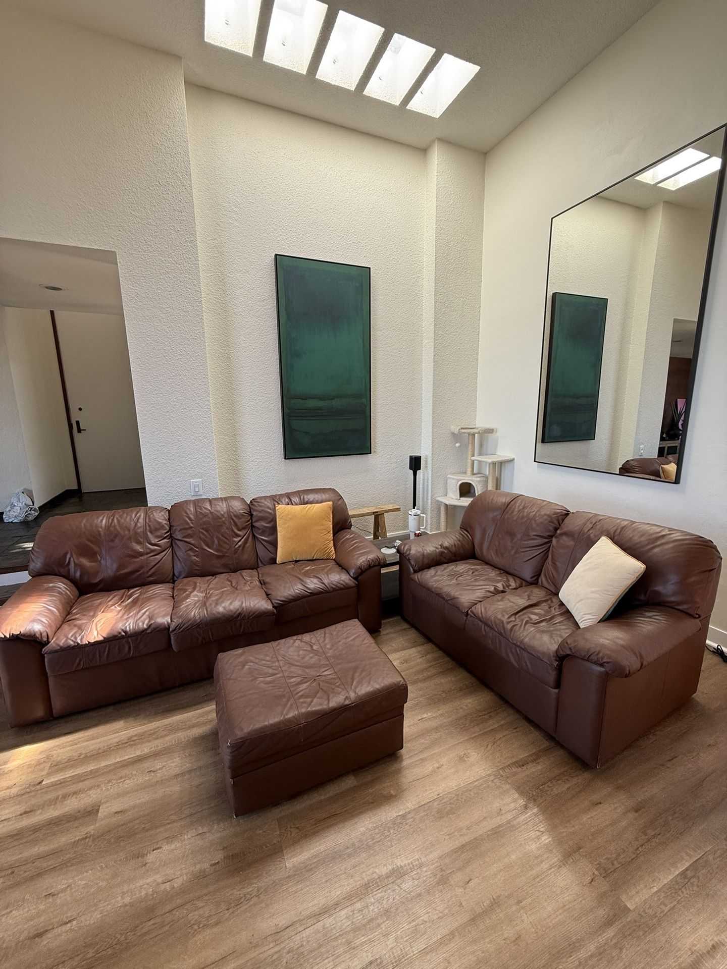Brown Leather Couch 3-Piece Set—Couch, Loveseat, & Ottoman