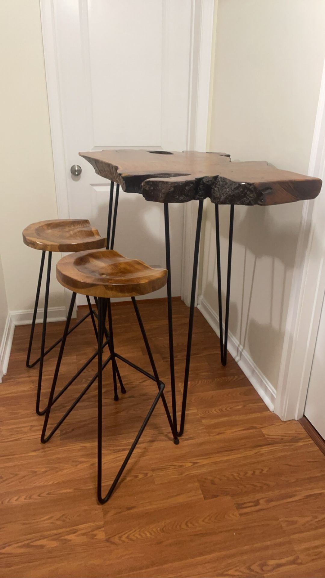 Teak wood bar top table and 2 stools