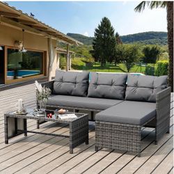 3 Pieces Outdoor Patio Furniture Set, Wicker Patio Conversation Set, All Weather Wicker Rattan Patio Seating Sofas with Glass Coffee Table and Cushion