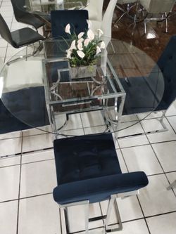 Dinning Table Velvet Blue Chairs Glass Top