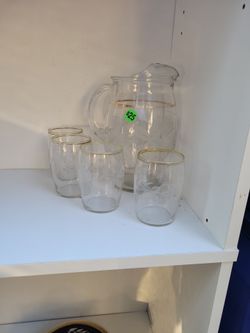Vintage gold trim pitcher and 4 glasses