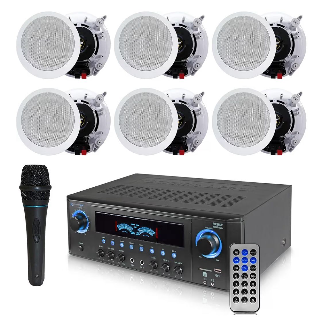 Technical Pro 1000 Watts Professional Home Theater Receiver System Kit w Portable Microphone with Digital Processing and Remote 6 Qty of 5.25” Ceiling