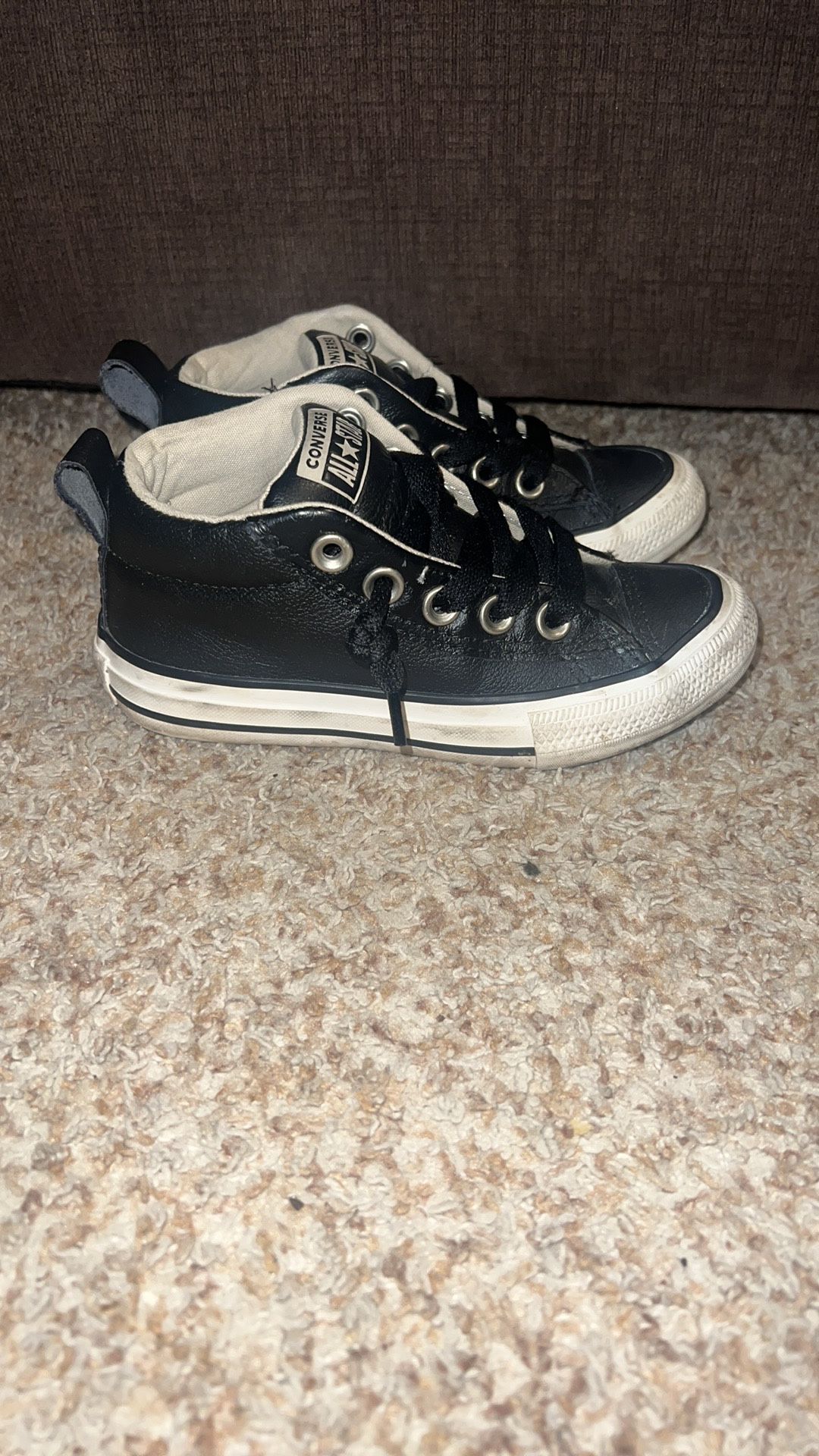 Converse All Star Mid Sneakers Junior Kids Size 11 Black Leather Lace Up Shoes. Has scuffs from wear