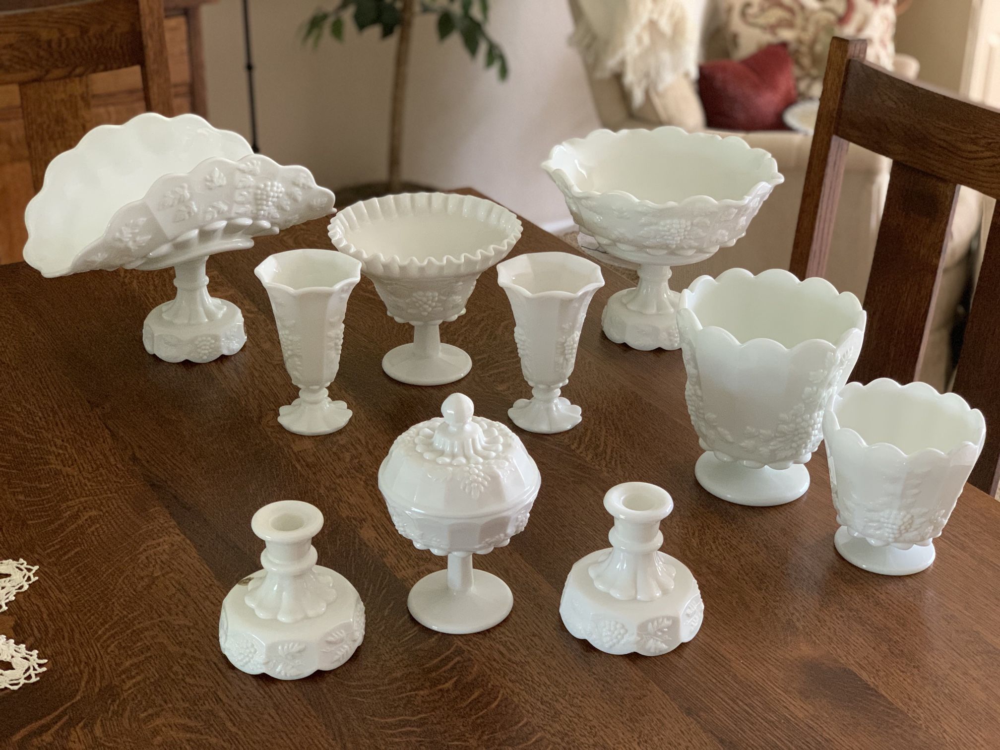 Vintage Milk Glass collection fruit bowls/Planters/ Candle Holders/Lidded Candy  Dish
