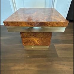 🪵 Vintage 1970s Mica Furniture Co. Burl Wood & Brass Pedestal Table (Hollywood Regency Style)