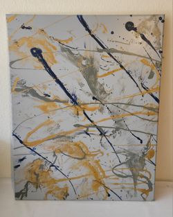 Abstract Pour Painting Gold Blue Grey Art