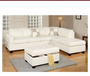 3 Piece Reversible Sectional Leather Sofa With Ottoman - White