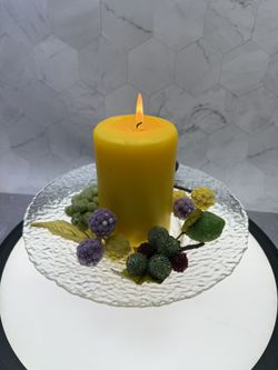 (1) Beautiful Pebble Textured Glass Round Pillar Candle Holder/Candy dish. 8.5” Clear Disc Shaped Rim. Excellent Condition. Props not included. 