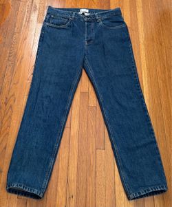 PINI PARMA men’s dark wash blue straight leg button fly logo jeans, size UK 33 IT 48 Made in Italy