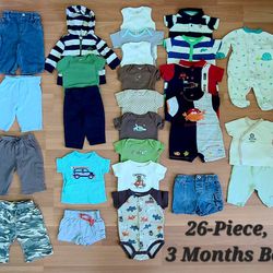 Size 3 Months, Baby Boys, 26-Piece Clothing Bundle: Bodysuits, Rompers, Outfits, Pants, Sleepwear