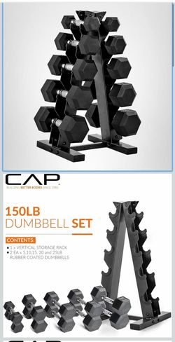 CAP Rubber Coated Hex Dumbbell Set with Storage Rack | 100–210 lb Options