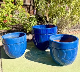 Matching Cobalt Blue Glazed Ceramic Planters — Set of 3