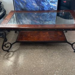 Pretty Walnut Glass Bronze Coffee Table