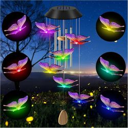 Color Changing Solar Lights, Outdoor Waterproof LED Mobile Memorial Wind Chime with 4 Aluminum Wind Bell,Solar String Lights for Party Night Garden 
