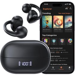 Open Ear Clip On Earbuds, Bluetooth 5.4 Bone Conduction Headphones AI Music Generator Earbuds with 4 Mics Clear Calls, 5.7g Ultra-Light Design, 30H Hi