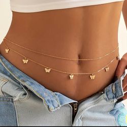 2 Pcs Set Of Exquisite Butterfly Pendant Waist Chain Zinc Alloy Jewelry Elegant Sexy Style Stackable Body Chain For Summer