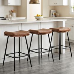26" Saddle Bar Stools Set of 3, Counter Height, Brown Backless Design, Faux Leather Upholstery, Double-Layer Cushion, 350 LBS Capacity, For Small