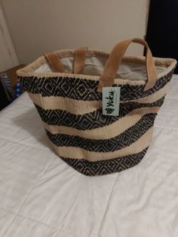 Handcrafted Striped Jute & Fabric Woven Boho Large Tote Carry Bag India