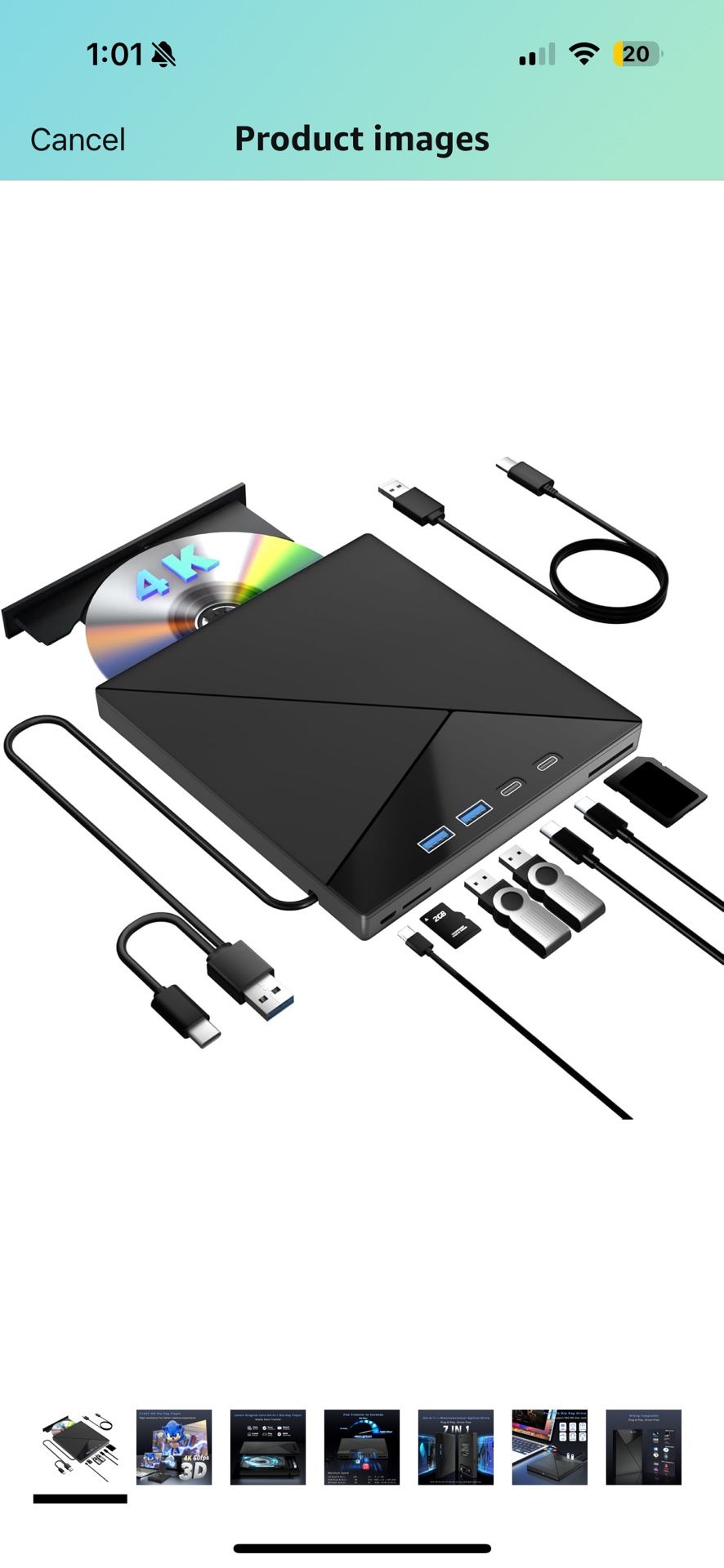 NEW 7 in 1 External Blu Ray Drive, 4k Blu Ray Burner with USB 3.0 Type-C Portable Blu Ray Drive, CD DVD Burner 3D BD Player with SD/TF Ports, 4k Optic