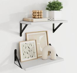2 PCS 16x8 Inch White Floating Shelves Wall Mounted Set of 2 Metal Brackets