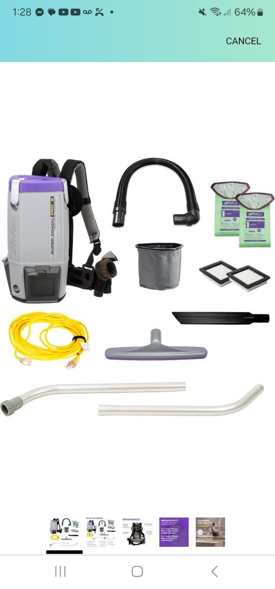 ProTeam Super Coach Pro 6 Backpack Vacuum Commercial with 2 Piece Wand T