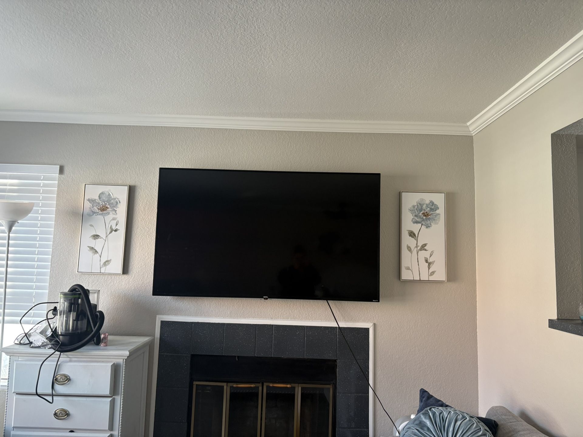 65 Inch Tv , Blue Chair, White And Gray Table , White Desk , 2 Night Stands And One Large Dresser