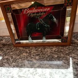 Budweiser Clydesdales Stained Glass Bar Mirror 22” L 17” H  Ex Cond