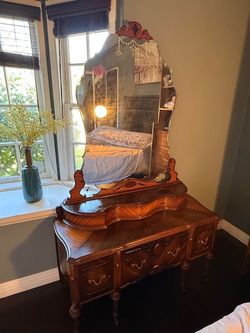 1930'S 3-PIECE VINTAGE SET-Art Deco-Etched Mirrors: VANITY, DRESSER, GENTLEMAN'S CHEST