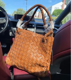 Tan Woven Leather Tote Bag