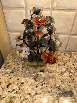 vintage Chinese jade and semi precious stone bonsai flower sculpture