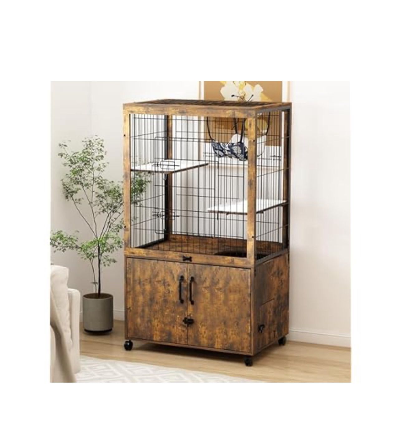 Megidok Furniture Cat Cages Indoor with Wooden Hidden Litter Box Enclosure Built-in Urine Cover Cat Kennel Cat Crates Cat Playpen - Rustic Brown