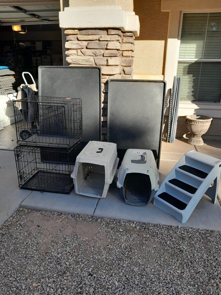 Small Pet Dog Cat Kennel Or Crates $15-$17 Each, Pet House $10, Pet Stairs $15, X-large Plastic Tray $25 See All Photos