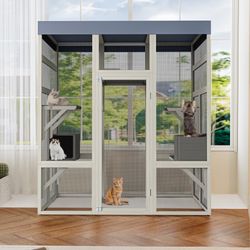 62.6" Gray Wooden Catio Outdoor Pet Enclosure with Waterproof Top, Spacious and Secure Cat House & Small Animal Cage, Black Rust-proof Metal Wire  Ite