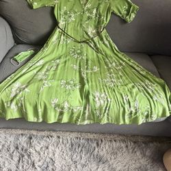 Green floral button down belted dress with Matching face Mask