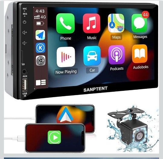 Double Din Car Stereo with 7 Inch Touchscreen, Radio Audio Receiver, Compatible with Wired Apple CarPlay & Android Auto, Mirror Link Support, Bluetoot