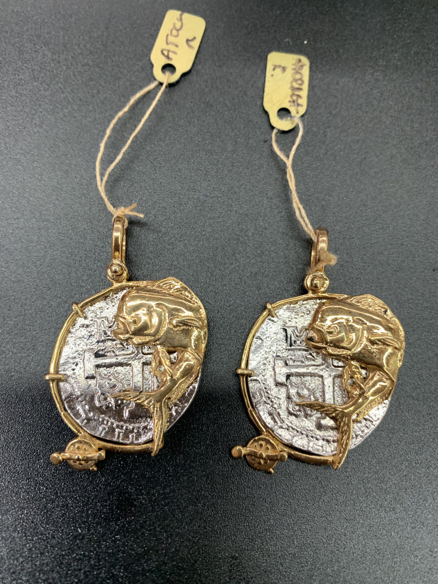 BIG SALE Two Atocha coin pendants in gold bezel