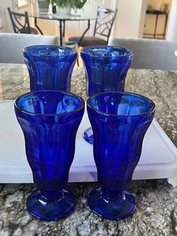 4 Vintage Anchor Hocking cobalt blue footed sundae glasses
