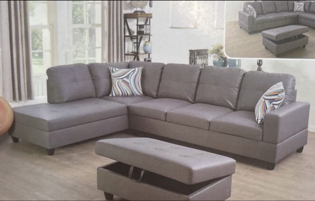 Gray Leather Sectional Couch And Ottoman