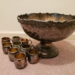 vintage Rogers silver punch set, silver plate punch bowl & 8 punch cups