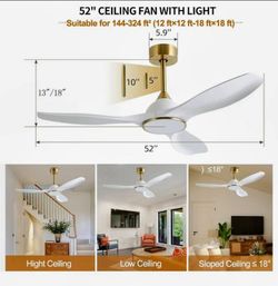 NEW 52" Modern Ceiling Fan with LED Light & Remote - White/Gold