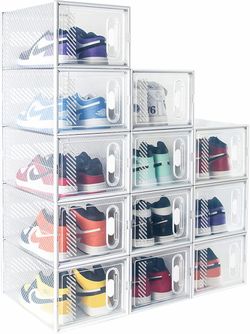 Hrrsaki 12 Pack Large Shoe Storage Boxes, Shoe Boxes Clear Plastic Stackable