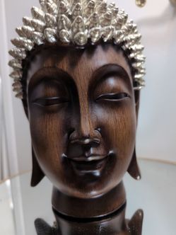 Buddha Head Statue Dark Wood Silver