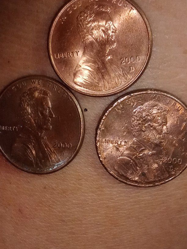 Three 2000 D Lincoln Penny's With Multiple Errors 