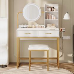 Vanity desk with LED light and stool
