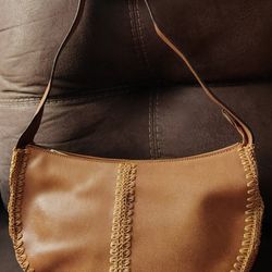MX - Sewn Tan Faux Leather small shoulder bag with flower print inner liner. 