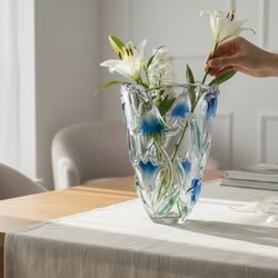 Vintage 80's Mikasa 7.75" Crystal Vase - Floral Bluebells Green/Blue