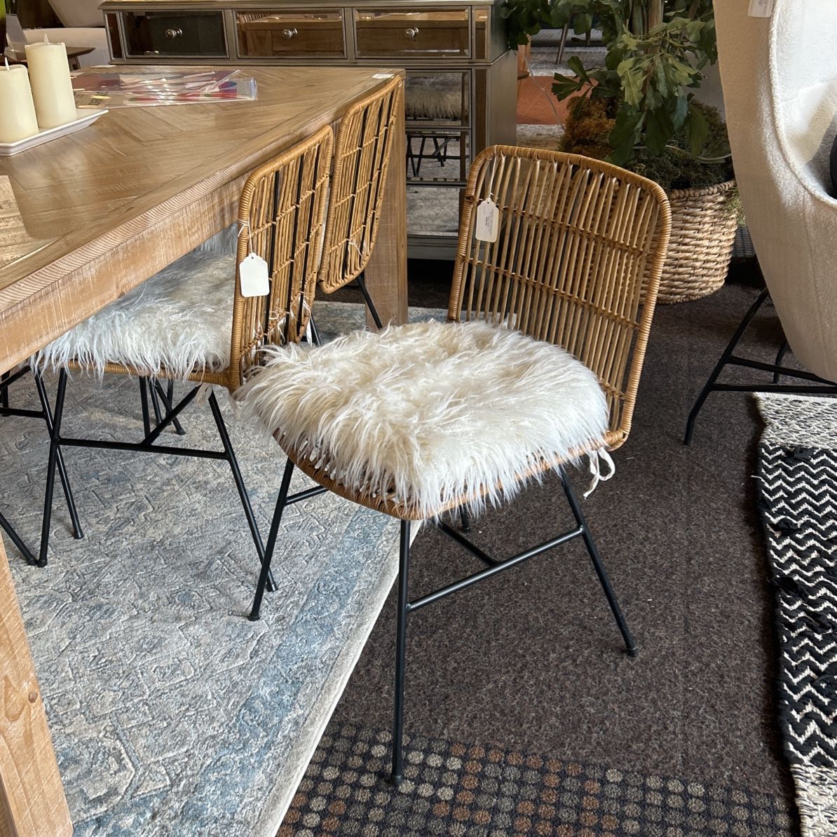 Bohemian Style Fur and Rattan Dining Chair Set 